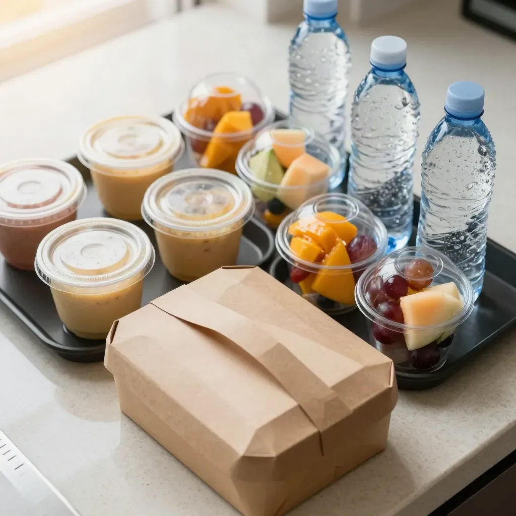 Kotak makan tengah hari kraft, sup, buah dan air botol tersusun rapi untuk penghantaran korporat.