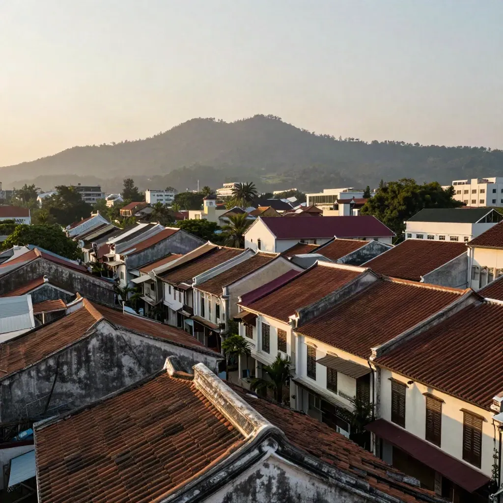 Bumbung warisan George Town dengan siluet Bukit Penang dalam kabus petang.